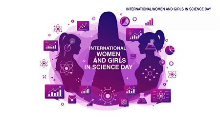 Celebrating women and girls in science with silhouettes and science iconsのイラスト素材