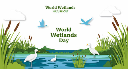 Graphic design for World Wetlands Day featuring birds and wetland sceneのイラスト素材