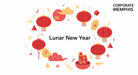 Vibrant Lunar New Year illustration with red lanterns and Memphis styleのイラスト素材
