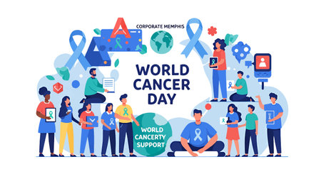 Illustration of diverse people supporting World Cancer Day awareness campaignのイラスト素材