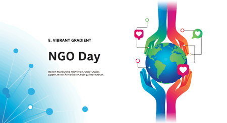Colorful illustration of hands holding the Earth with icons for NGO Dayのイラスト素材