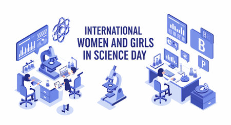 Isometric illustration celebrating women and girls in science with laboratory scenes and digital elementsのイラスト素材