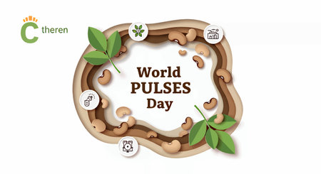 Graphic representation of World Pulses Day featuring various legumes and leaves in a circular frameのイラスト素材