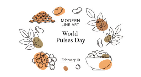 Modern line art illustration for World Pulses Day on February 10 featuring various legumes and grainsのイラスト素材