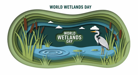 Graphic illustration for World Wetlands Day featuring heron and wetland sceneのイラスト素材
