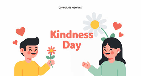 Illustration of a man and woman showing kindness on Kindness Day with flowers and heartsのイラスト素材