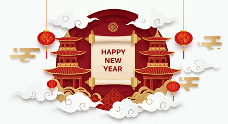Vibrant Chinese New Year greeting card with pagodas, lanterns, and cloudsのイラスト素材