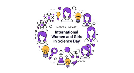 Illustration celebrating women in science with icons and textのイラスト素材