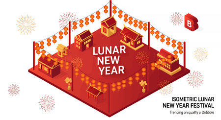 Vibrant 3D Lunar New Year festival scene with lanterns and decorations.のイラスト素材