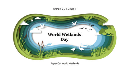 Paper cut craft illustration for World Wetlands Day featuring a serene wetland scene with birds and waterのイラスト素材
