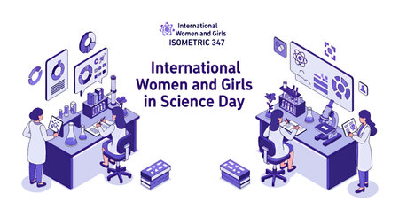 Illustration of women in lab coats working together in a science labのイラスト素材