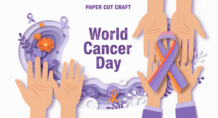 Illustration of hands holding purple ribbon for World Cancer Dayのイラスト素材