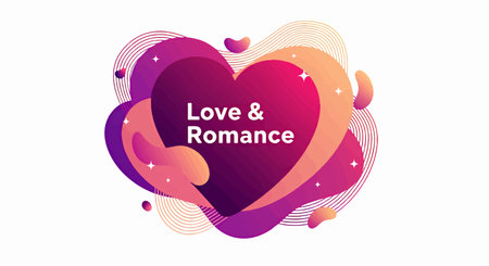 Vector illustration of a heart with love romance text surrounded by abstract shapes and heartsのイラスト素材