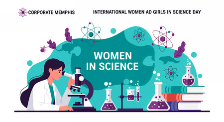 Illustration of a woman scientist working in a laboratory on International Women and Girls in Science Dayのイラスト素材