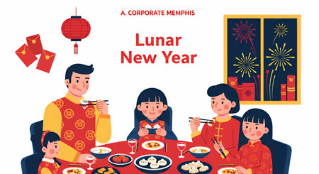 Illustration of family enjoying traditional meal and festivitiesのイラスト素材