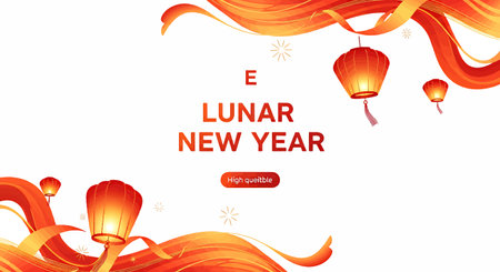 Vibrant illustration for Lunar New Year with lanterns and flowing designのイラスト素材