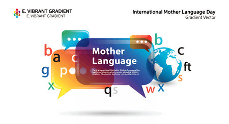 Colorful gradient banner for International Mother Language Day with speech bubbles and globeのイラスト素材