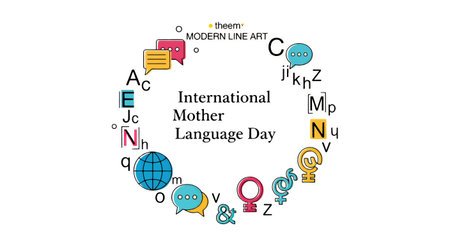 Colorful alphabet letters forming a circle around International Mother Language Day textのイラスト素材