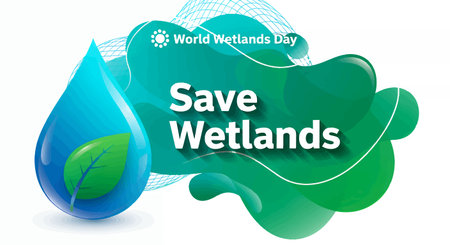 Conceptual illustration for World Wetlands Day featuring a water droplet and earth.のイラスト素材