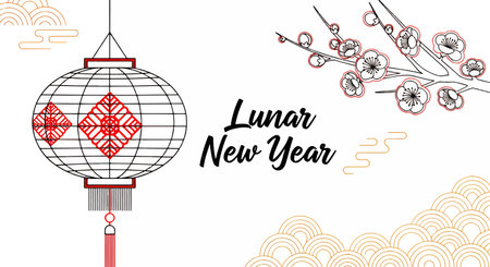 Traditional Chinese lantern with red ornaments and plum blossoms for Lunar New Year celebrationのイラスト素材