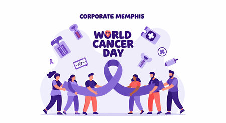 Illustration of people from different backgrounds uniting for World Cancer Dayのイラスト素材