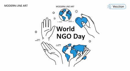 Modern line art illustration for World NGO Day with hands and globeのイラスト素材