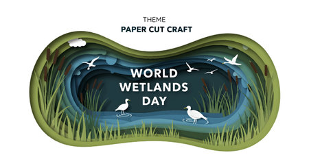 Paper cut craft illustration for World Wetlands Day with birds and waterのイラスト素材