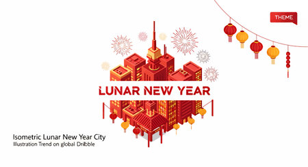 Vibrant city illustration for Lunar New Year celebration with lanterns and red themeのイラスト素材