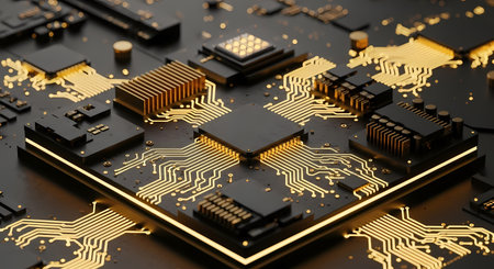 Detailed view of electronic circuit board with gold components and wiring