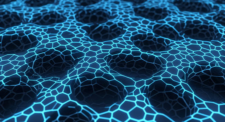 A close-up of a blue network pattern with dark cells and interconnected lines.