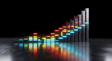 A series of colorful bars in ascending order on a black background with reflection on the floor.