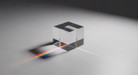 White prism on gray surface refracting light into colorful spectrum