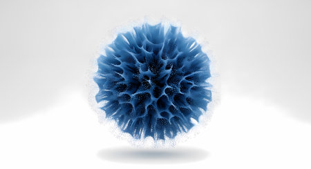 Isolated blue virus cell on white background representing health threat and disease