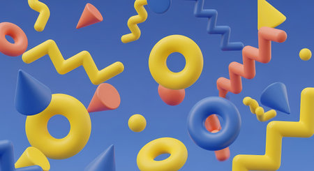 Vibrant 3D shapes and geometric forms in yellow, blue, and orange against a blue background