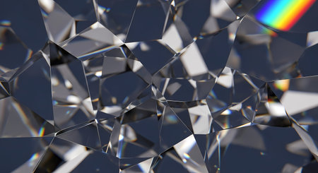 Broken glass fragments with colorful rainbow reflection on dark background