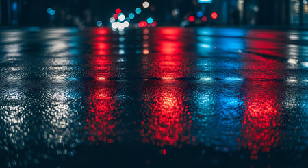 Blurry city street at night with rain and colorful reflections on the wet surface.