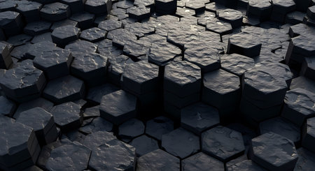 Close-up of a dark metallic structure composed of hexagonal shapes with a light reflection on the...