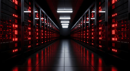 Rows of red server racks in a dark data center corridor with reflective floor