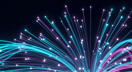 Fiber optic cables with bright blue and pink lights against a dark background