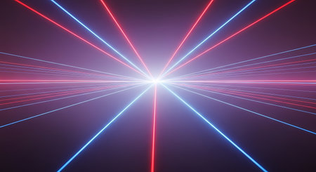 Bright light with red and blue laser beams emanating from the center