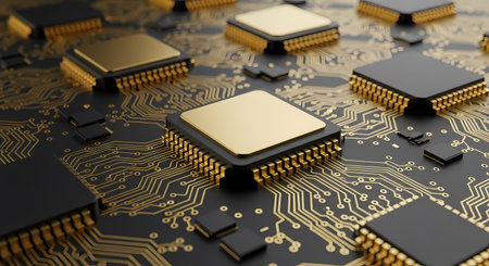 Detailed view of microprocessors on a printed circuit board with gold connectors