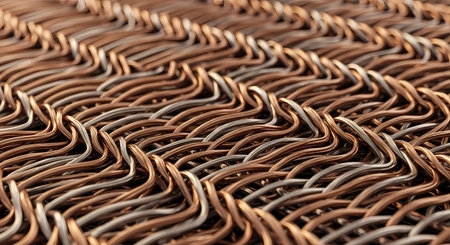 Detailed view of interwoven metal wires forming a textured mesh pattern