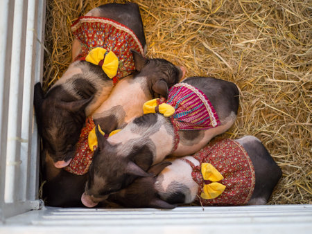 Cute Four dwarf pigs, is small breeds of domestic pig with fancy red dress and yellow ribbon,...