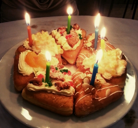 Special pizza style donuts as birthday cake の素材