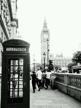 London Telephone booth and Big Ben clock in Black and white view 