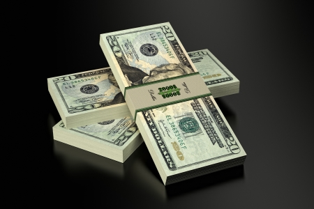 20 Dollar banknotes on glossy surface の写真素材