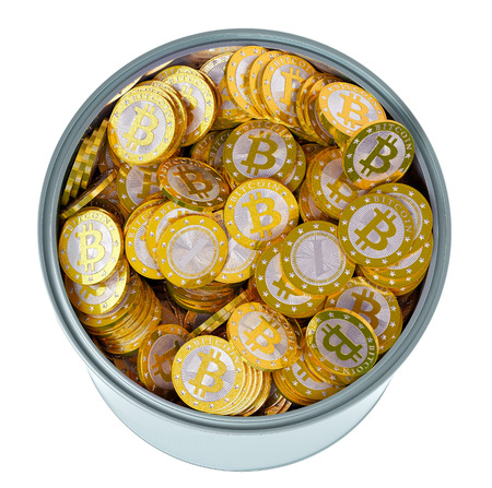 Bitcoins in a bucket - isolated on whiteの写真素材