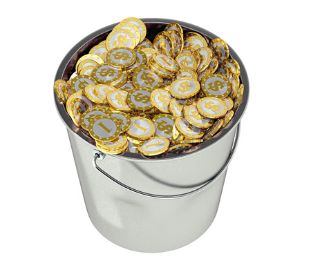 Bucket full of golden coins - isolated on whiteの写真素材