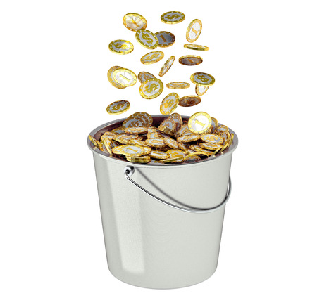 Bucket full of golden coins - isolated on whiteの写真素材
