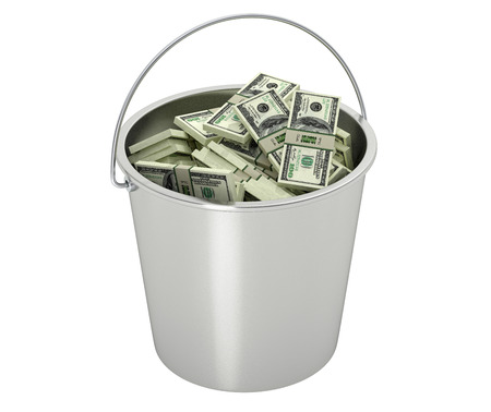 100 Dollar bills in a bucket - isolated on whiteの写真素材